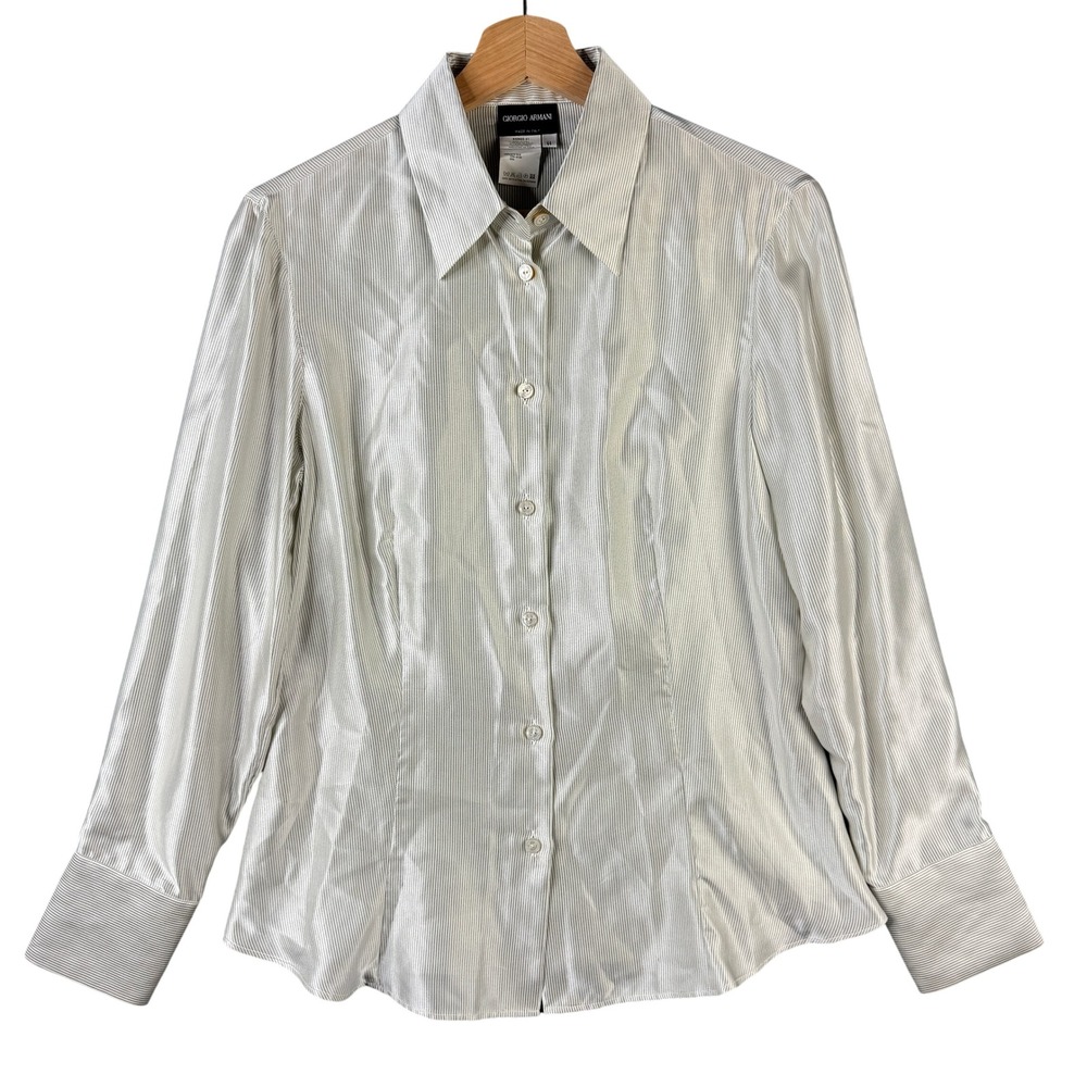 Giorgio Armani Borgo 21 Silk Pinstripe Blouse Silver White Size 44 Long Sleeve